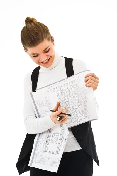 Счастливая деловая женщина с чертежом — стоковое фото
