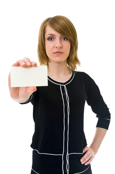 Mulher mostrando um corte em branco — Fotografia de Stock