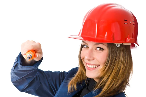 Молодая женщина строитель в оранжевом шлеме — стоковое фото