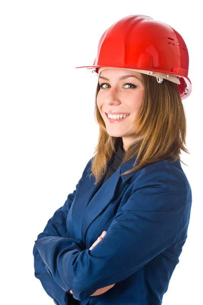 Lächelnde Geschäftsfrau mit Helm Stockbild