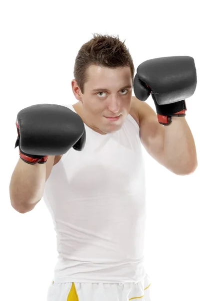 Proud boxer with boxing gloves after the fight — Stock Photo, Image