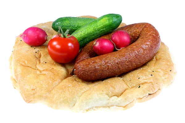 Bread, sausage and vegetables. — Stock Photo, Image