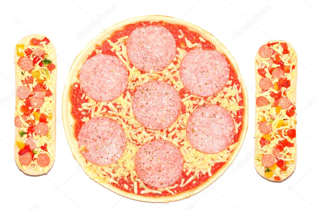 Uncooked, frozen pizza and baguettes.