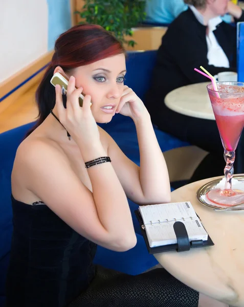 Stock image Beautiful young woman with handy.