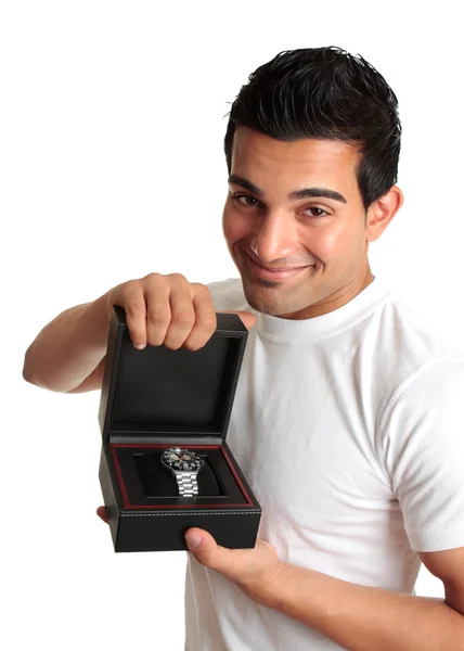 Hombre o vendedor publicitando un reloj de pulsera — Foto de Stock