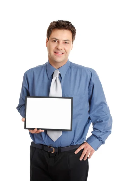 Obchodník nebo prodejce drží ceduli — Stock fotografie