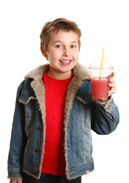 Happy healthy boy fresh fruit juice — Stock Photo, Image