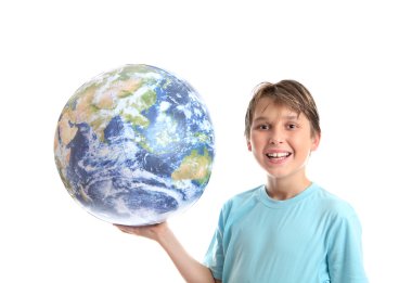 Smiling boy earth ball in palm of hands clipart