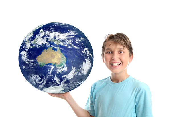Smiling child holding our world planet — Stock Photo, Image
