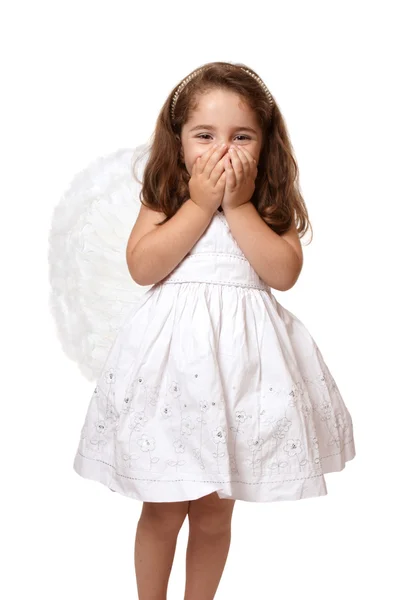 Engel meisje handen die betrekking hebben op haar mond — Stockfoto