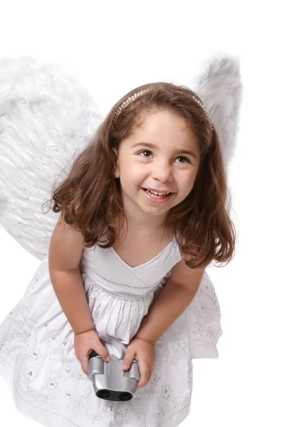 Fata angelo sorridente con binocolo — Foto Stock
