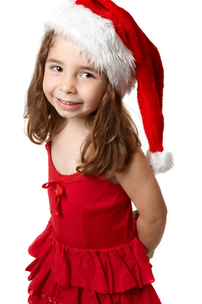 Uśmiechnięte dziewczyny w czerwony kapelusz santa — Zdjęcie stockowe