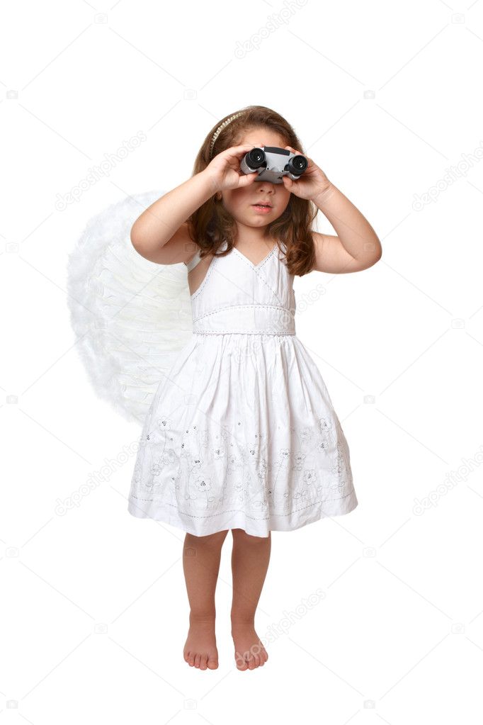 Heavenly angel looks watching binocular