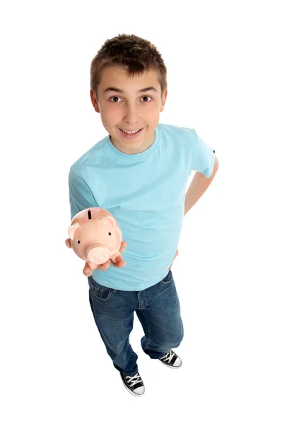 Chlapec drží peníze box do dlaně ruky — Stock fotografie