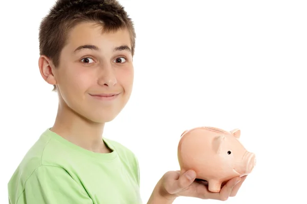 Niño sosteniendo una caja de dinero — Foto de Stock
