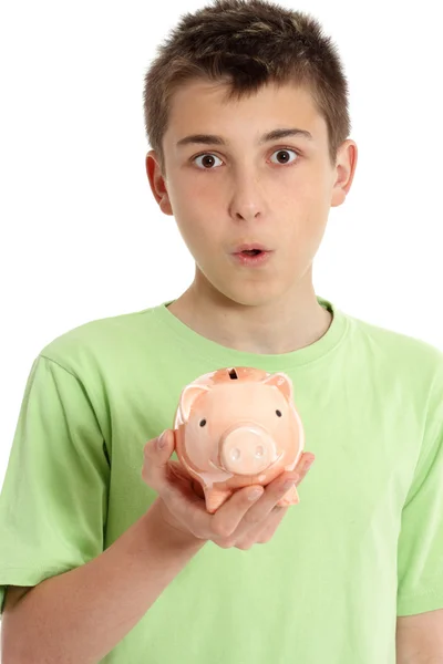 Closeup jongen met spaarpot — Stockfoto