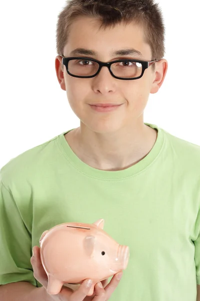 Smiling boy holds a money box — Stock Photo, Image