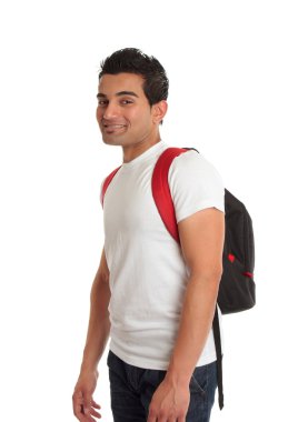 Ethnic male student carrying backpack clipart