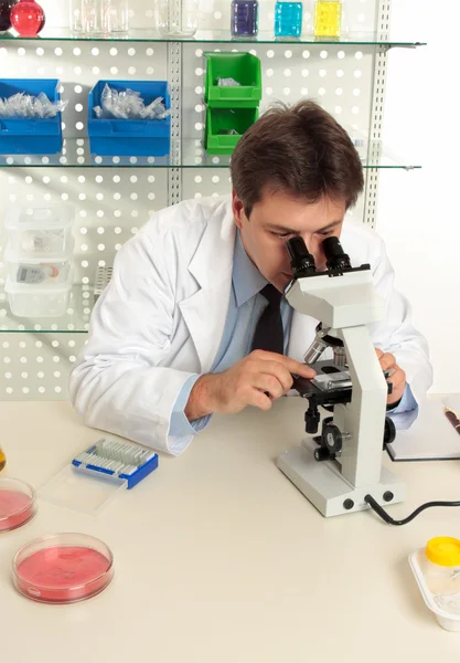 Naukowiec korzystający z mikroskopu w laboratorium — Zdjęcie stockowe