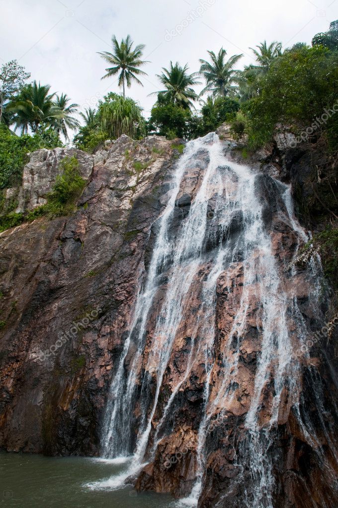 Waterfall with palm-trees
