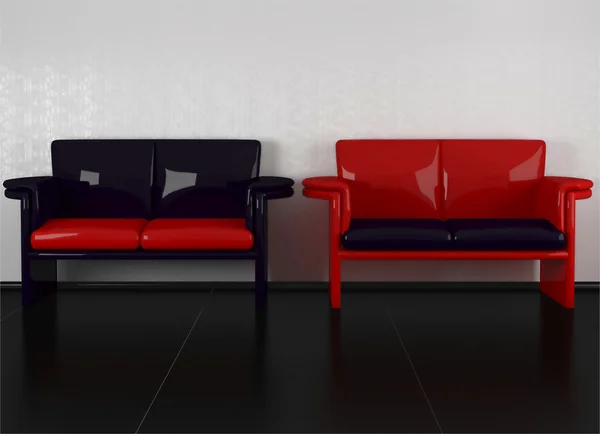 Dvě moderní fialové a červené pohovky — Stock fotografie