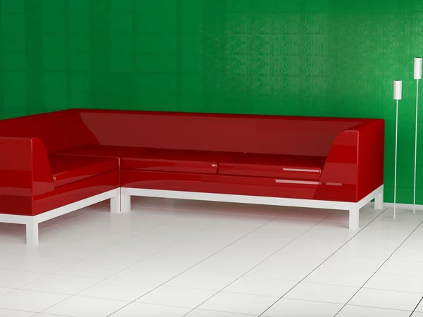 Rotes Sofa drinnen, 3d — Stockfoto