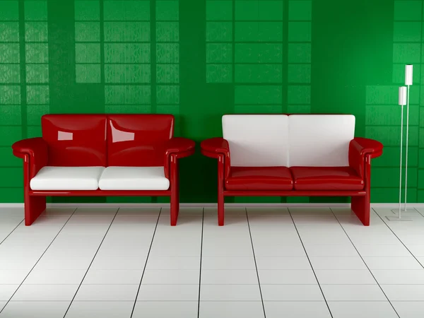 Red sofas indoor, 3d — Stock Photo, Image