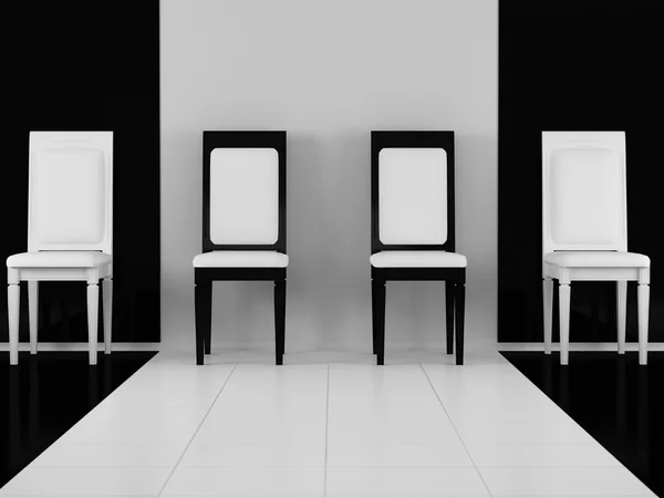 Cztery czarne i białe krzesła klasyczne wnętrze — Zdjęcie stockowe