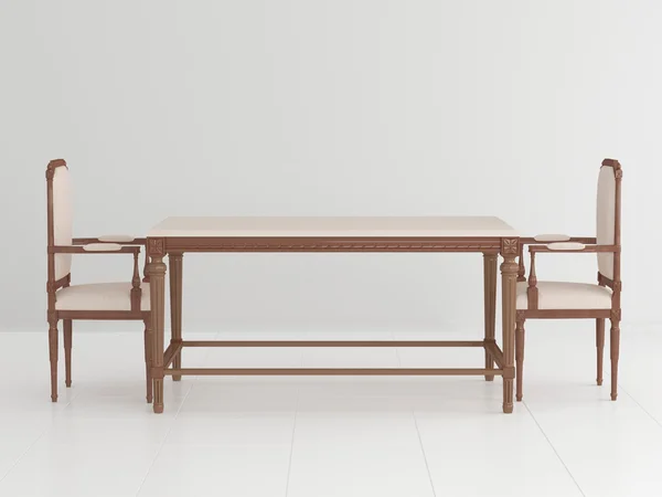 Klasik kahverengi yemek masası ve iki klasik sandalye — Stok fotoğraf