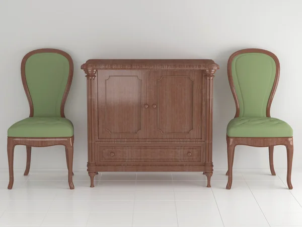 Классические зеленые кресла с шкафчиком в помещении — стоковое фото