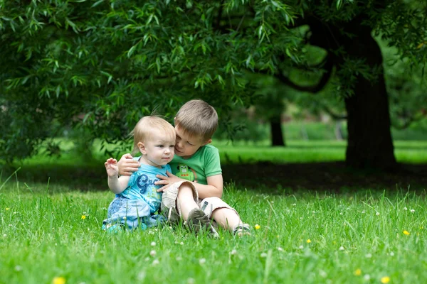 Two brothers hug in summer — Stock Photo, Image