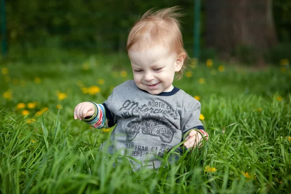 在草丛中玩耍的小男孩 图库图片