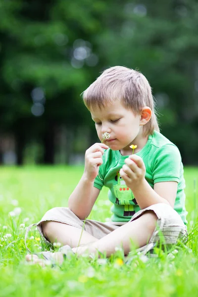 Retrato de um menino cheirando flores Imagens Royalty-Free
