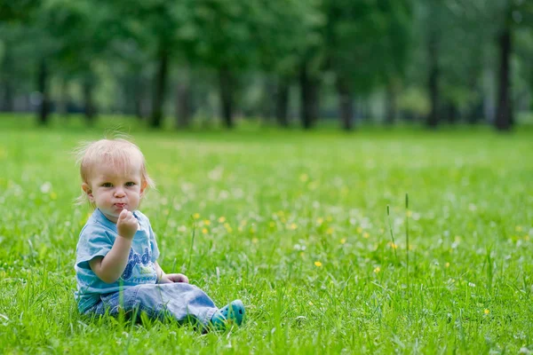 小男孩坐在草地上 免版税图库照片