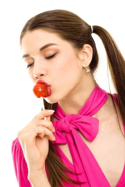 Lollipop dziewczyna słodki słodycze na białym tle — Zdjęcie stockowe