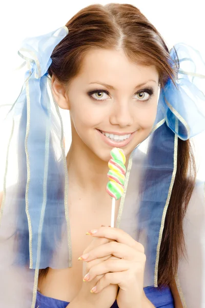 Lollipop girl zoete suikergoed geïsoleerd — Stockfoto