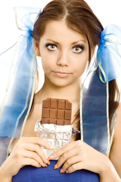 Chica de coletas con chocolate aislado — Foto de Stock