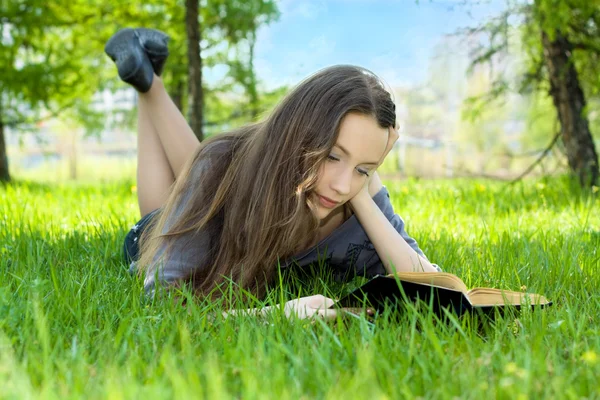 Livro de leitura do jovem estudante no parque — Fotografia de Stock