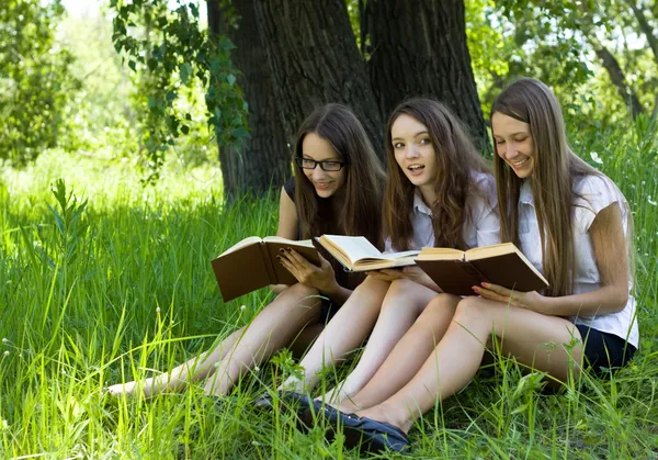 Три студента, чтение книг вместе открытый — стоковое фото