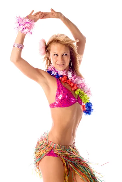 Garota atraente dança em traje havaiano isolado — Fotografia de Stock