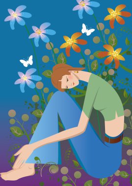 Nice young woman surrounded by flowers clipart