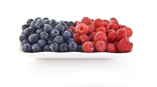 Blueberrys and Rasberrys in a dish — Stock Photo, Image