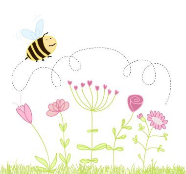 Bee over the flowers clipart