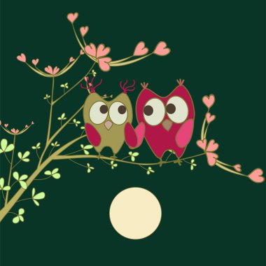 Owls in love on branch clipart