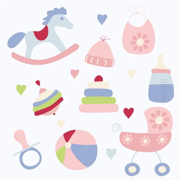Conjunto de brinquedos e acessórios para bebê menina —  Vetores de Stock