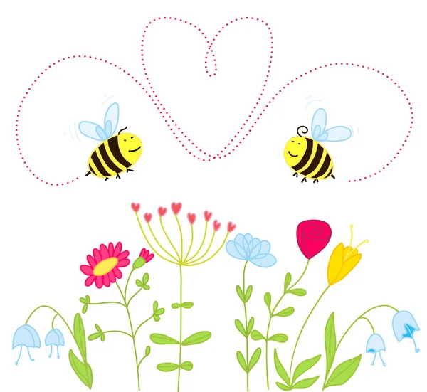 上の愛の蜂、花 — ストックベクタ