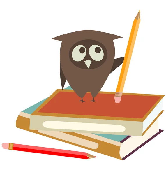 Baykuş, kitap ve kalemler — Stok Vektör