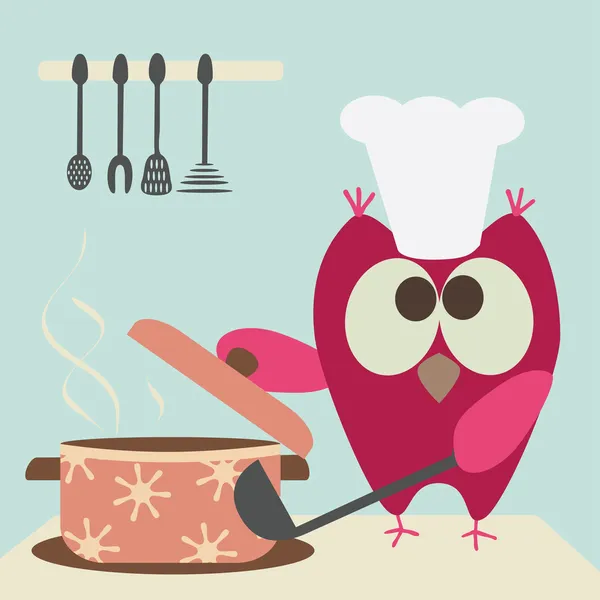 Niedliche Eule mit einer Ahnung, die in der Küche kocht — Stockvektor