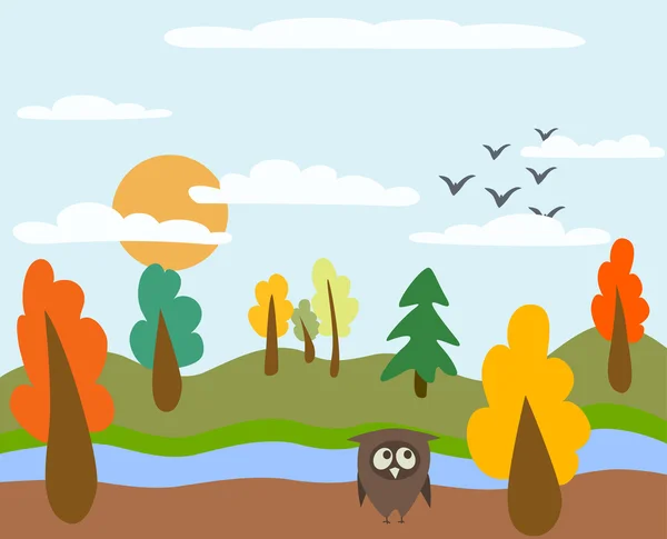 秋天风景和猫头鹰 — 图库矢量图片