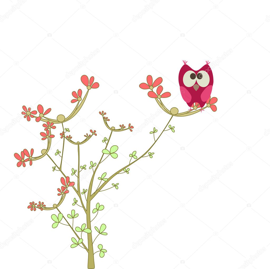 Owl on a brunch with flowers